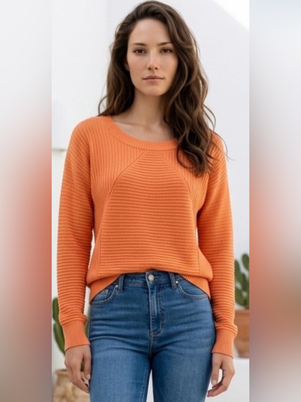 J Crew WALLACE Pullover Sweater Cotton Orange Diagonal Panel Ribbed Crewneck